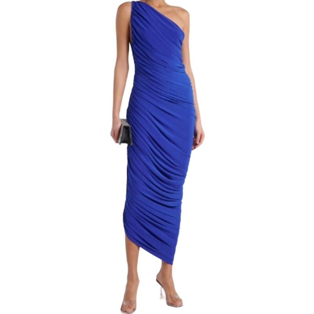 Norma Kamali Diana One Shoulder Maxi Dress Bodycon Drape Stretch Ruched Blue M